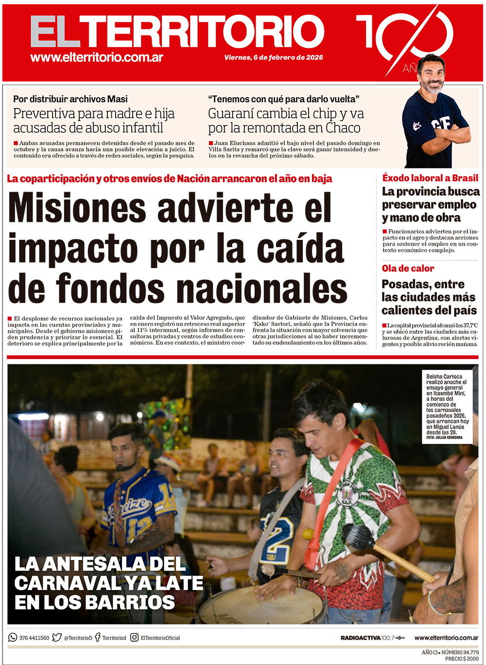 Tapa del diario El Territorio 06/02/2026