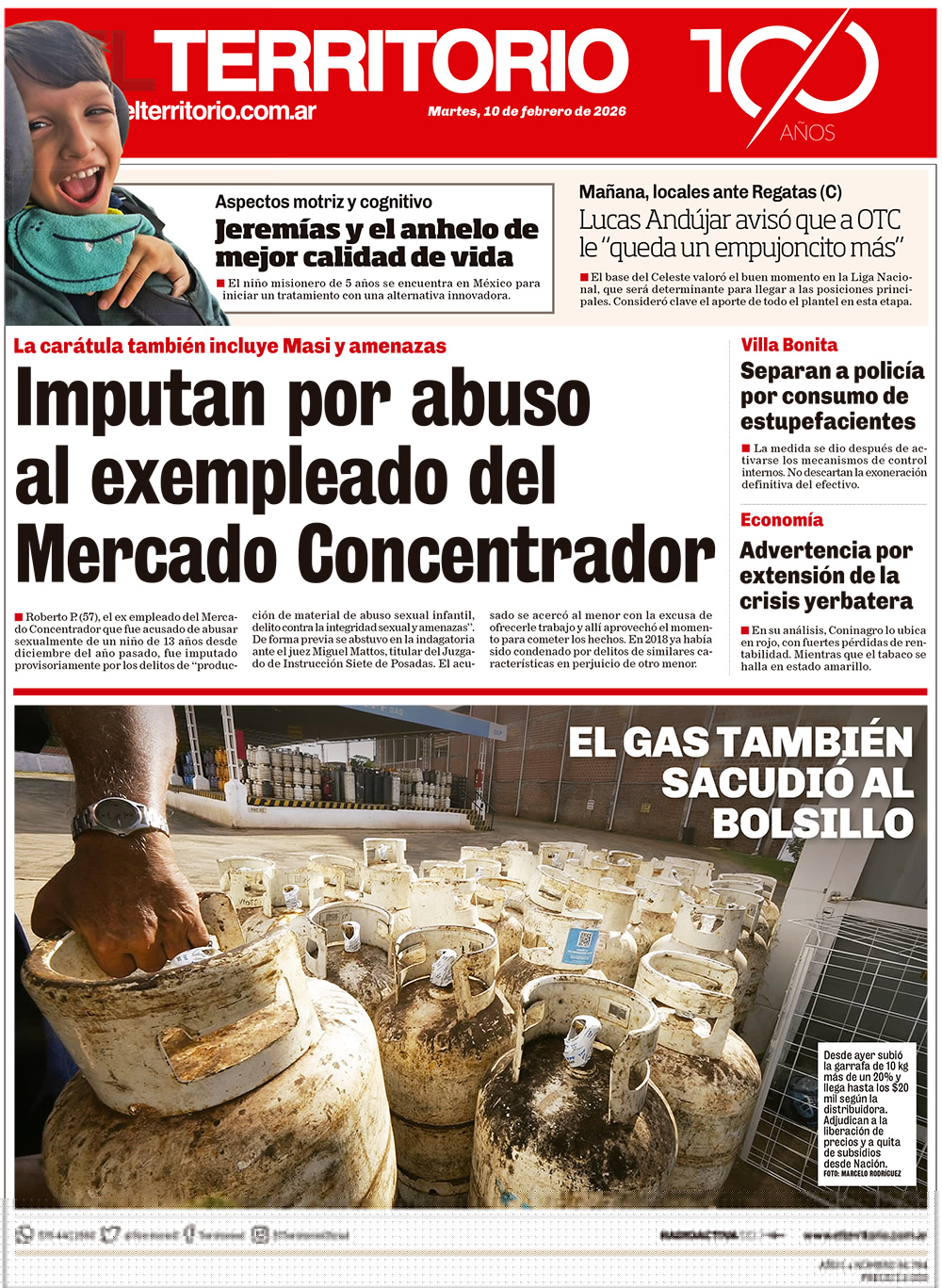 Tapa del diario El Territorio 10/02/2026