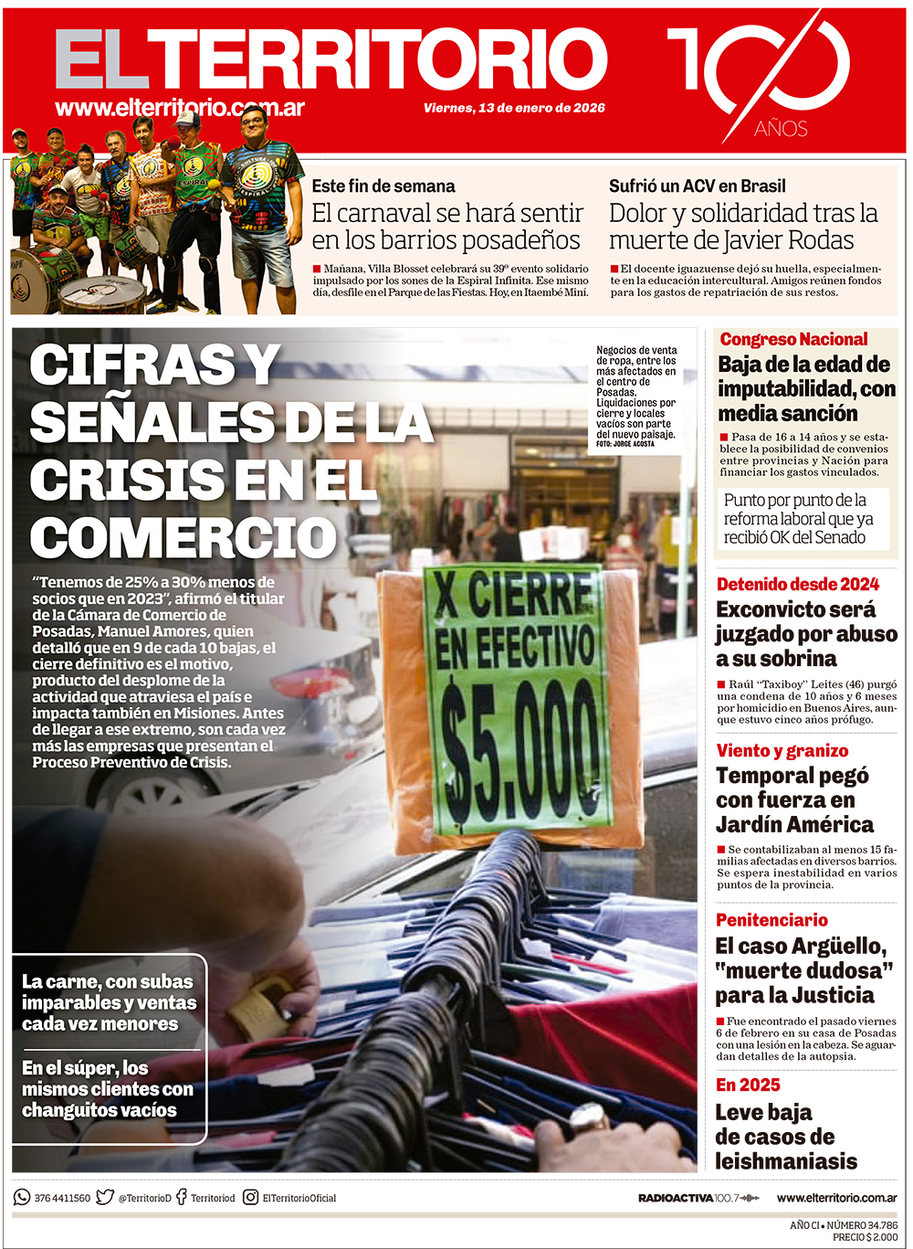 Tapa del diario El Territorio 13/02/2026