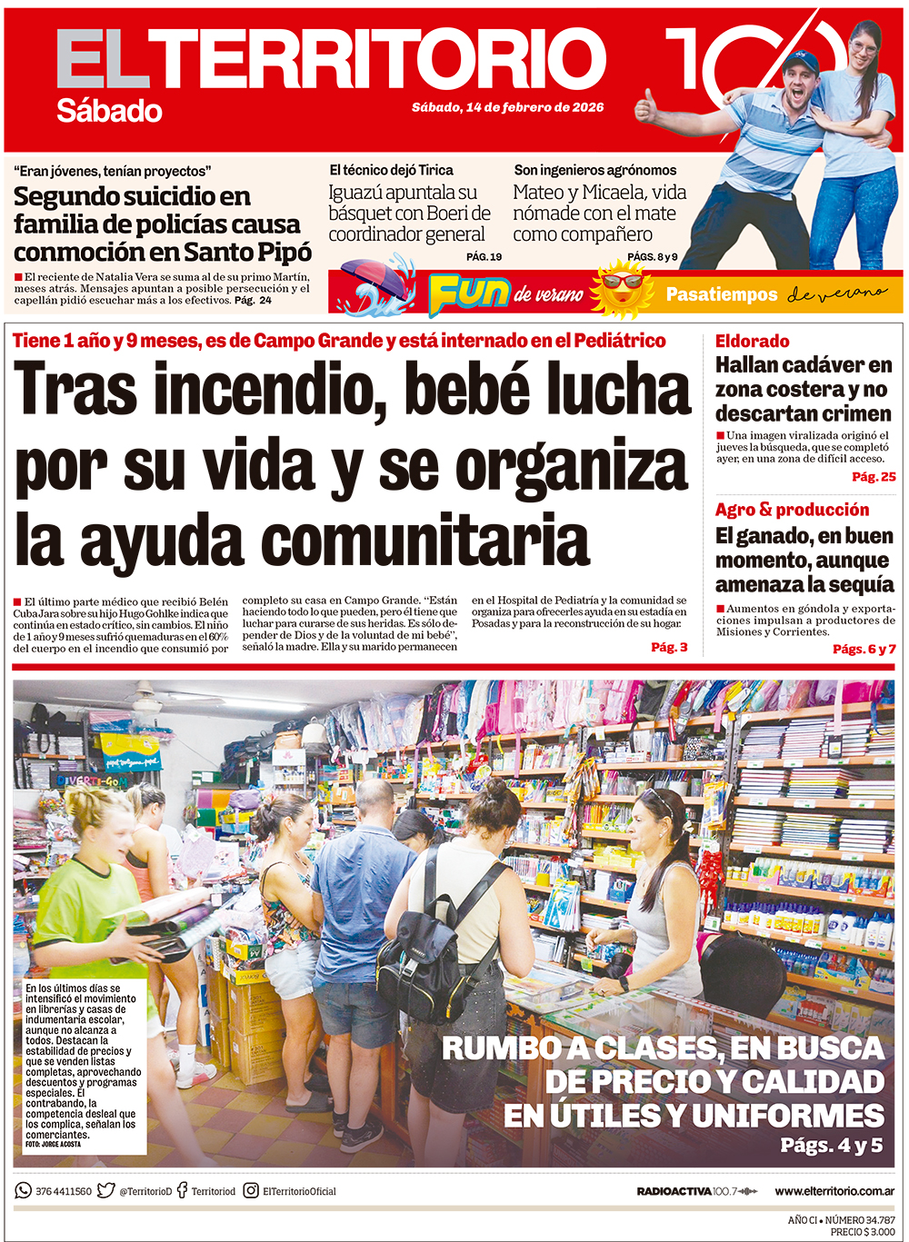 Tapa del diario El Territorio 14/02/2026