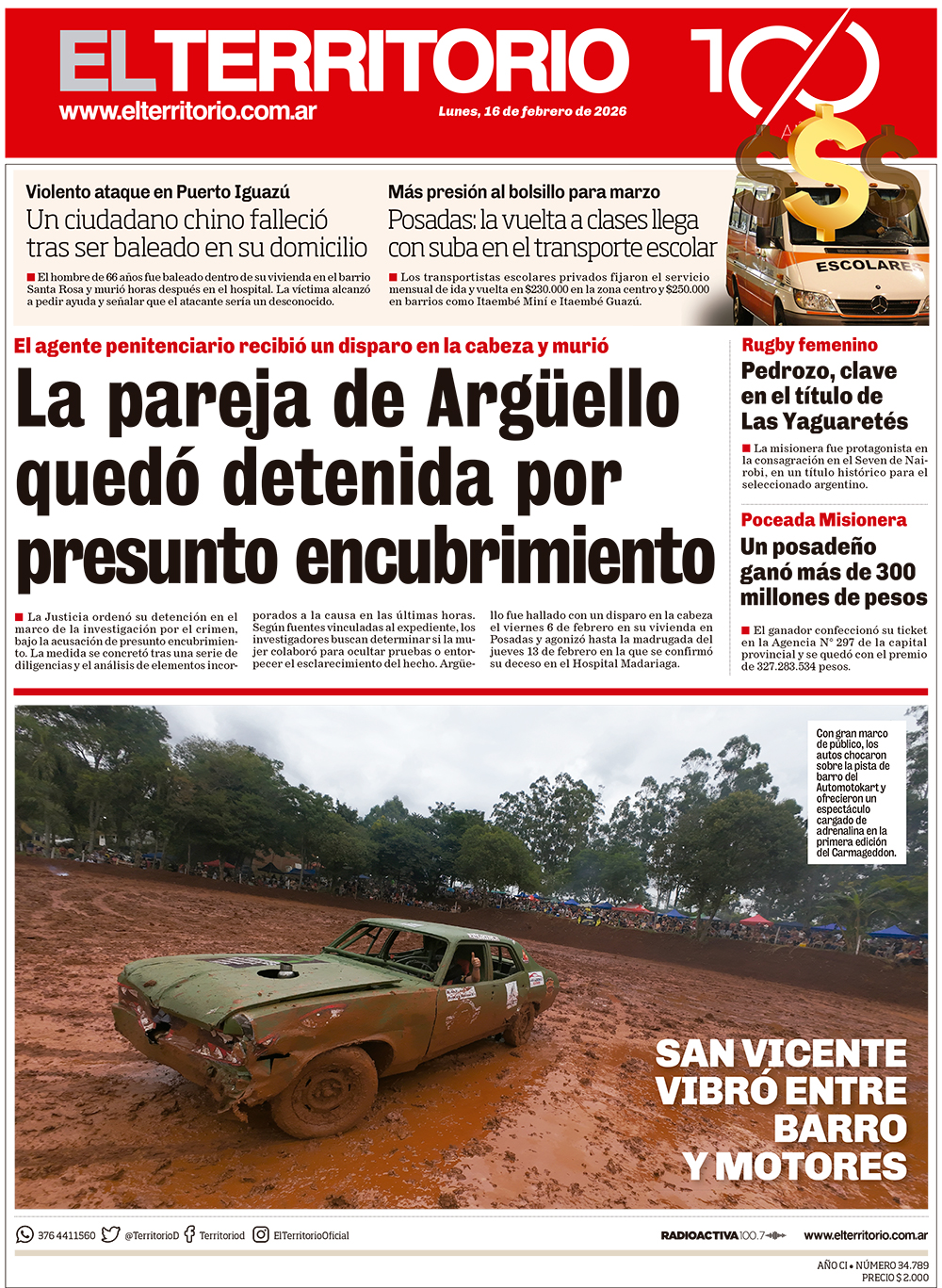 Tapa del diario El Territorio 16/02/2026