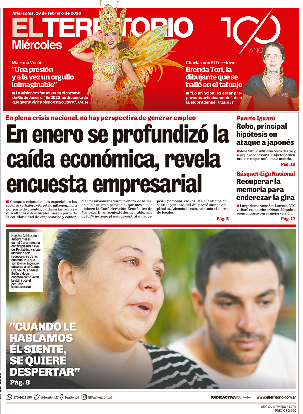 Tapa del diario El Territorio 18/02/2026