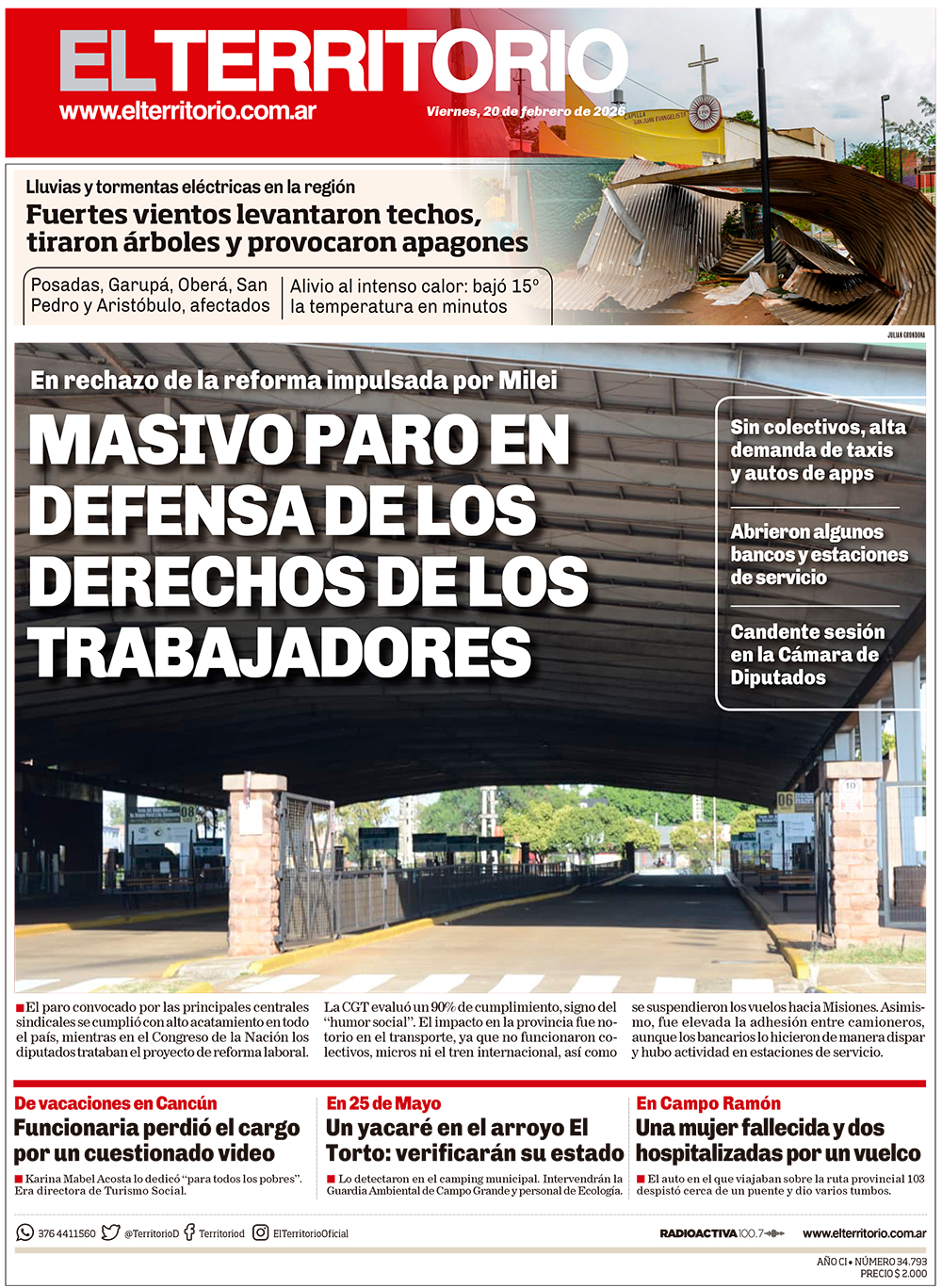 Tapa del diario El Territorio 20/02/2026