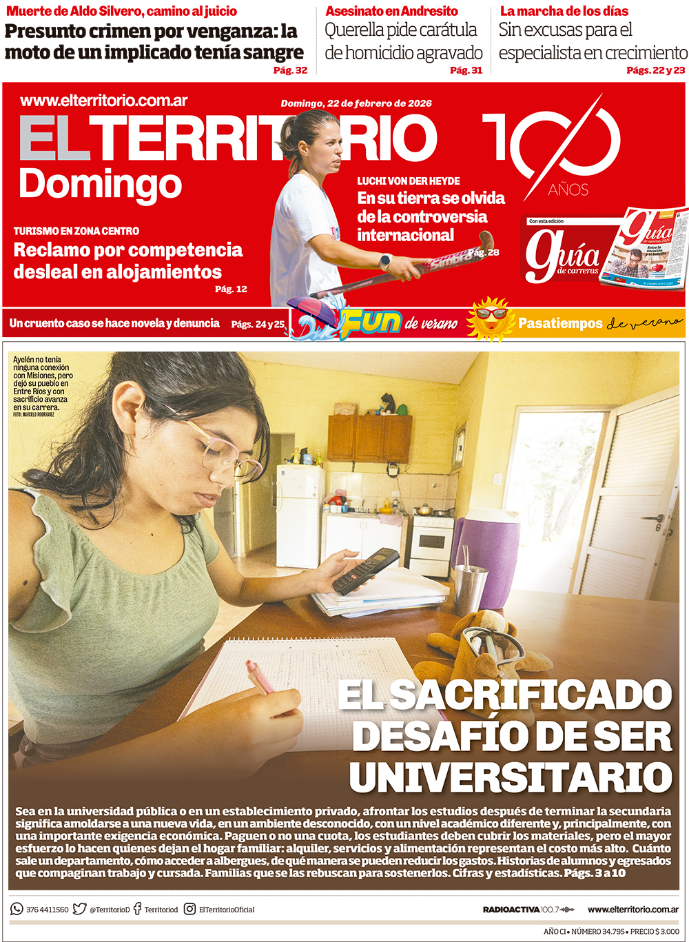 Tapa del diario El Territorio 22/02/2026