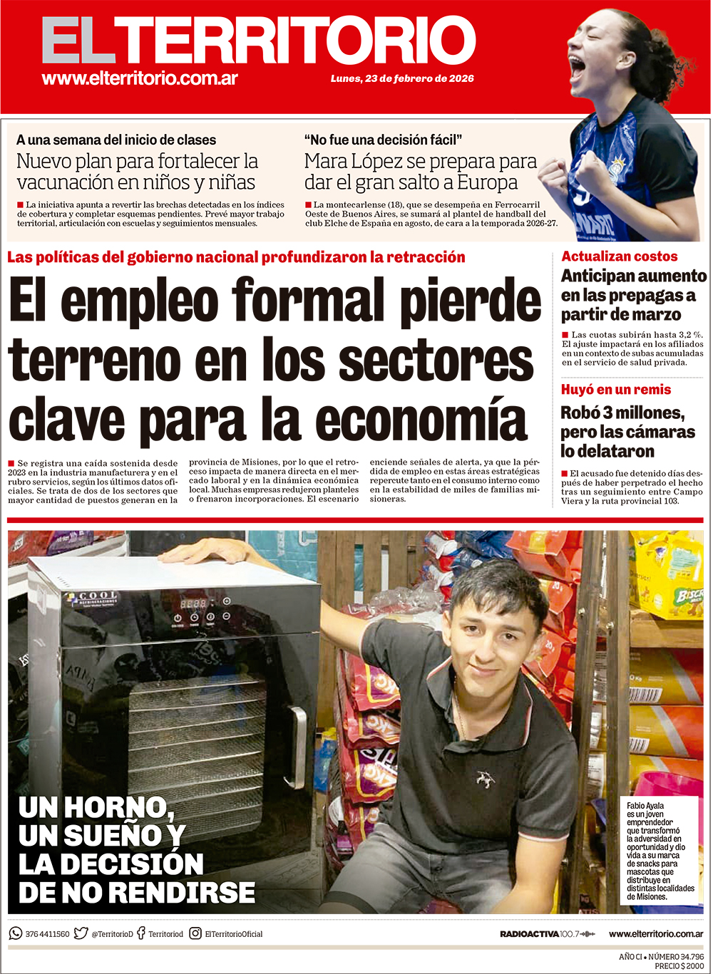 Tapa del diario El Territorio 23/02/2026