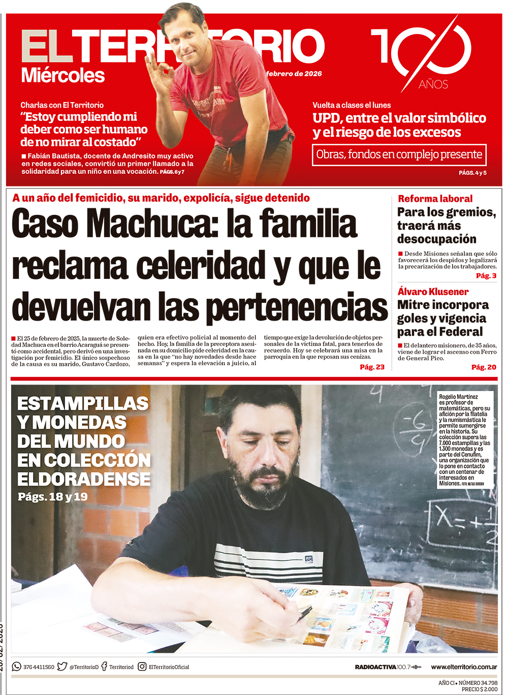 Tapa del diario El Territorio 25/02/2026