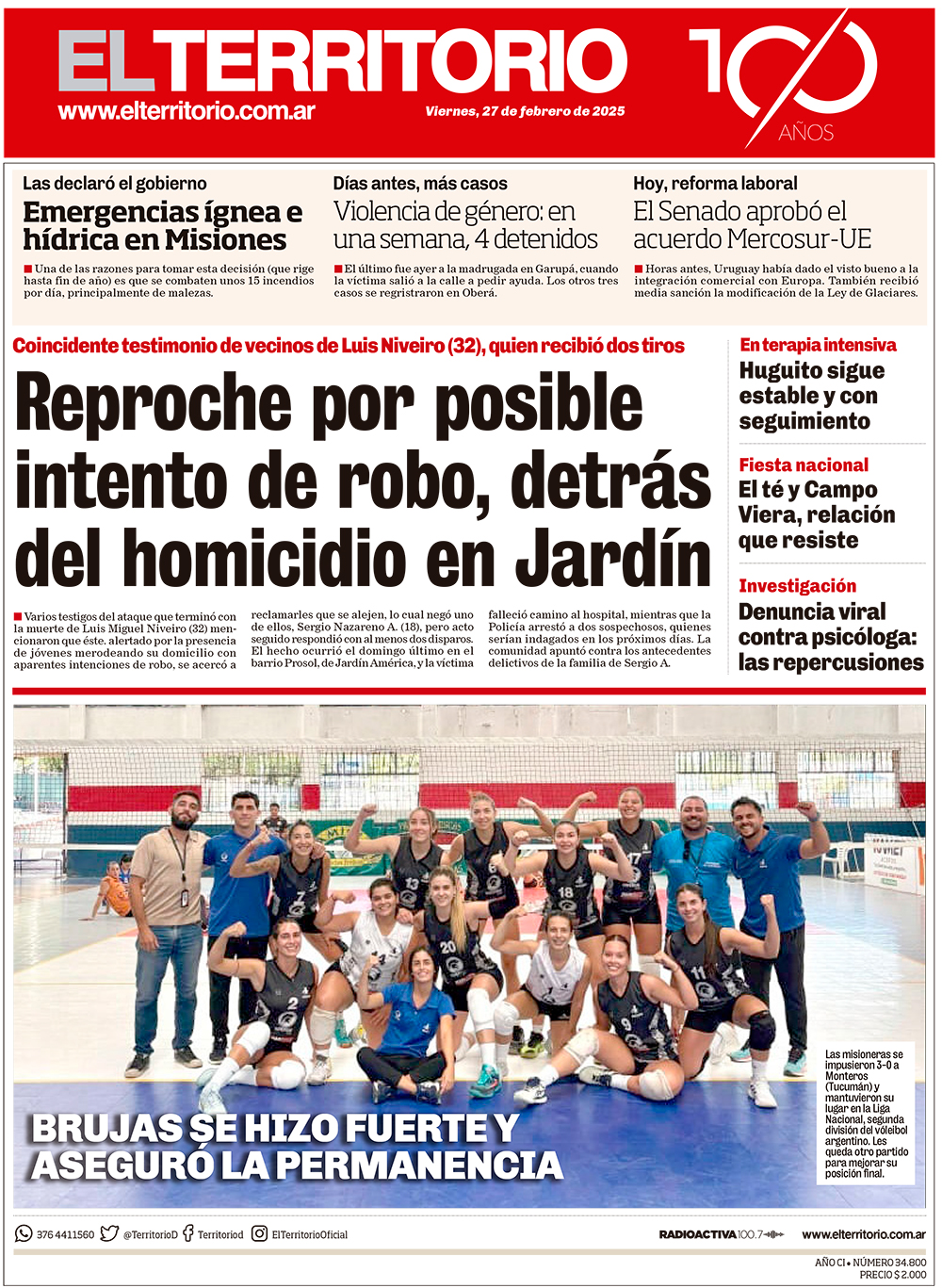 Tapa del diario El Territorio 27/02/2026
