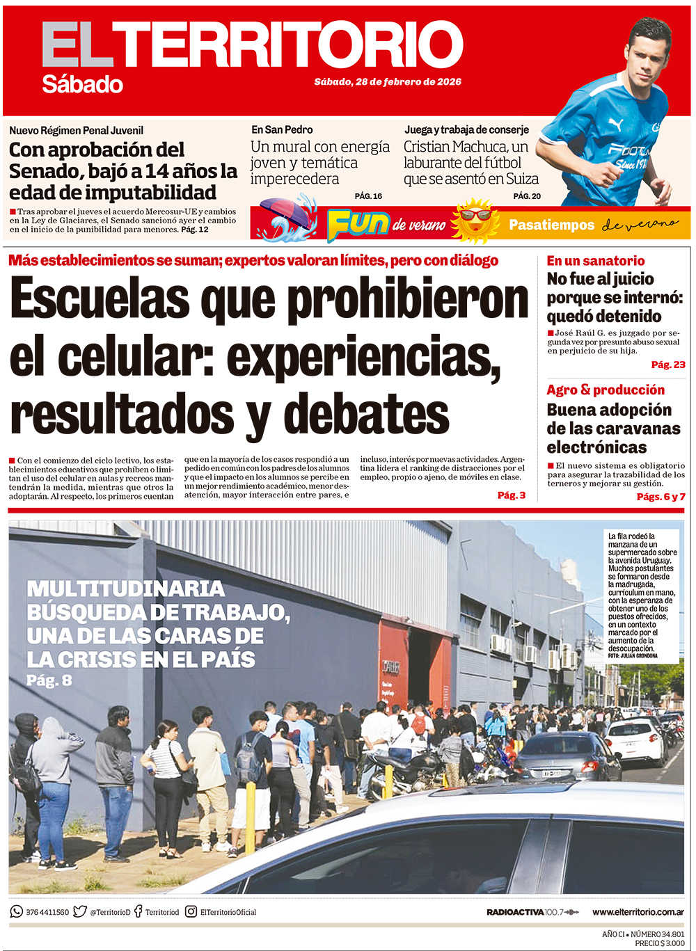 Tapa del diario El Territorio 28/02/2026