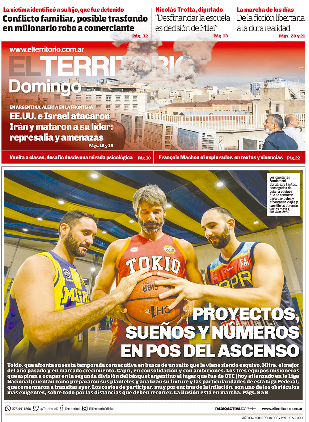 Tapa del diario El Territorio 01/03/2026