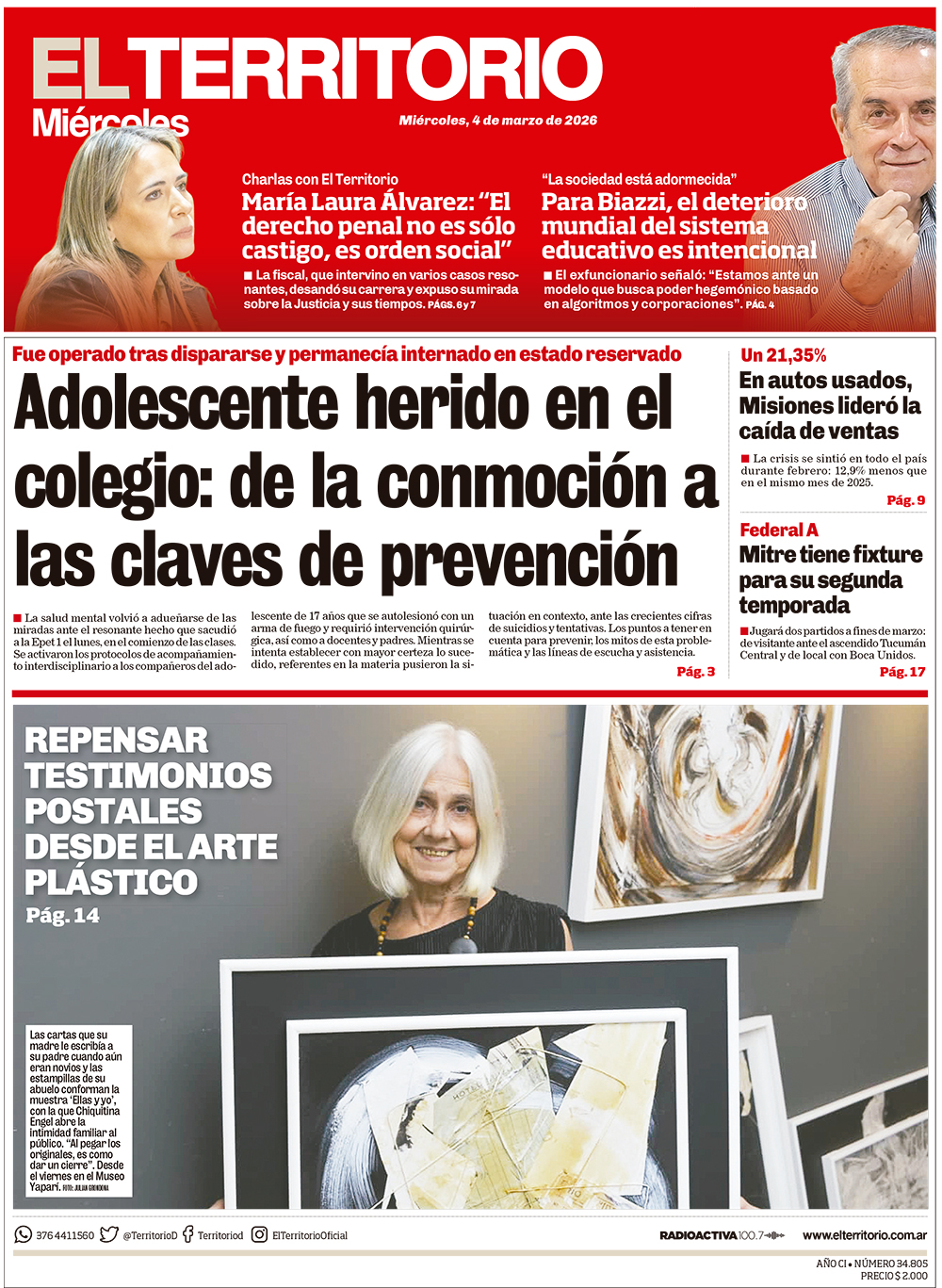 Tapa del diario El Territorio 04/03/2026