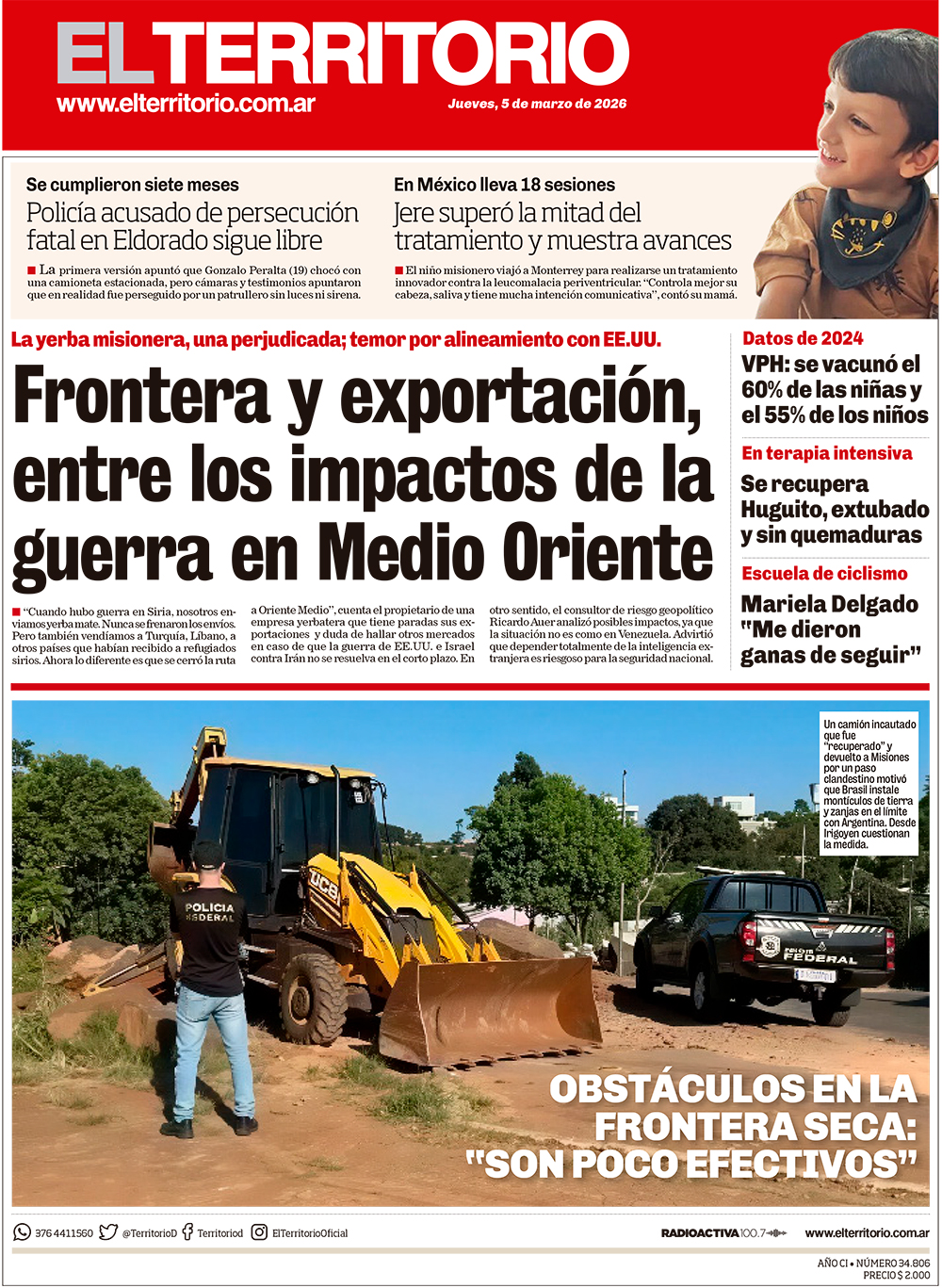 Tapa del diario El Territorio 05/03/2026