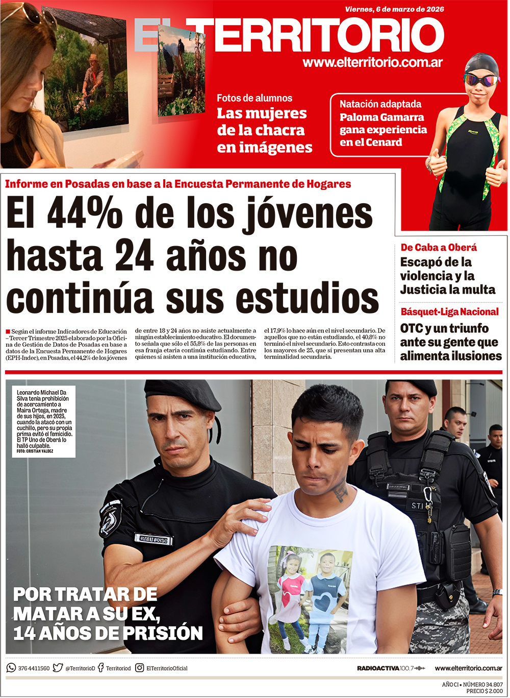 Tapa del diario El Territorio 06/03/2026