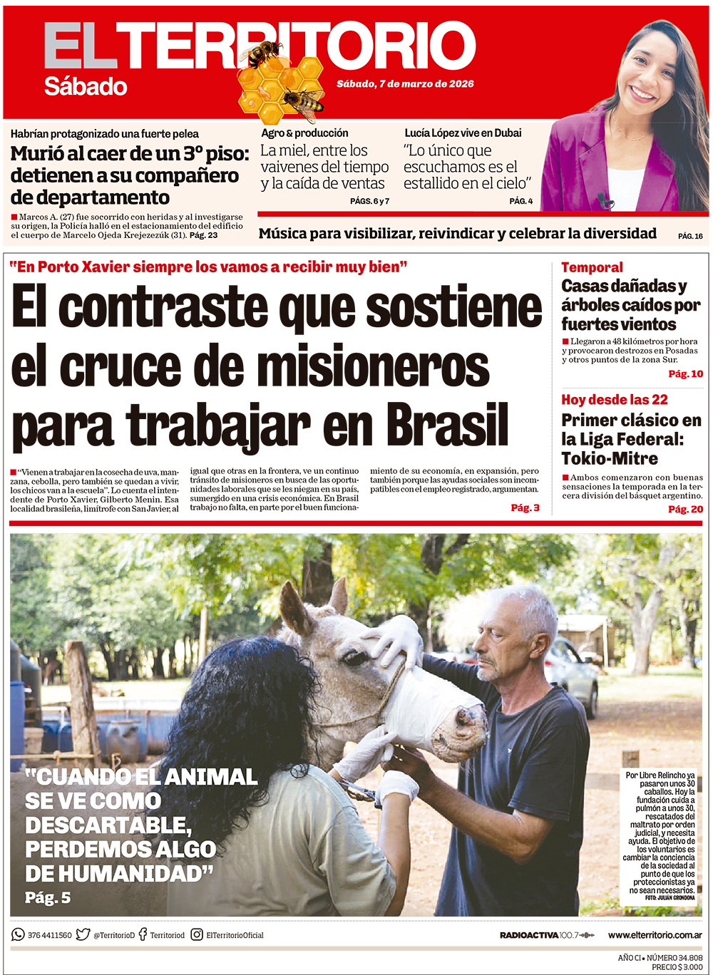 Tapa del diario El Territorio 07/03/2026