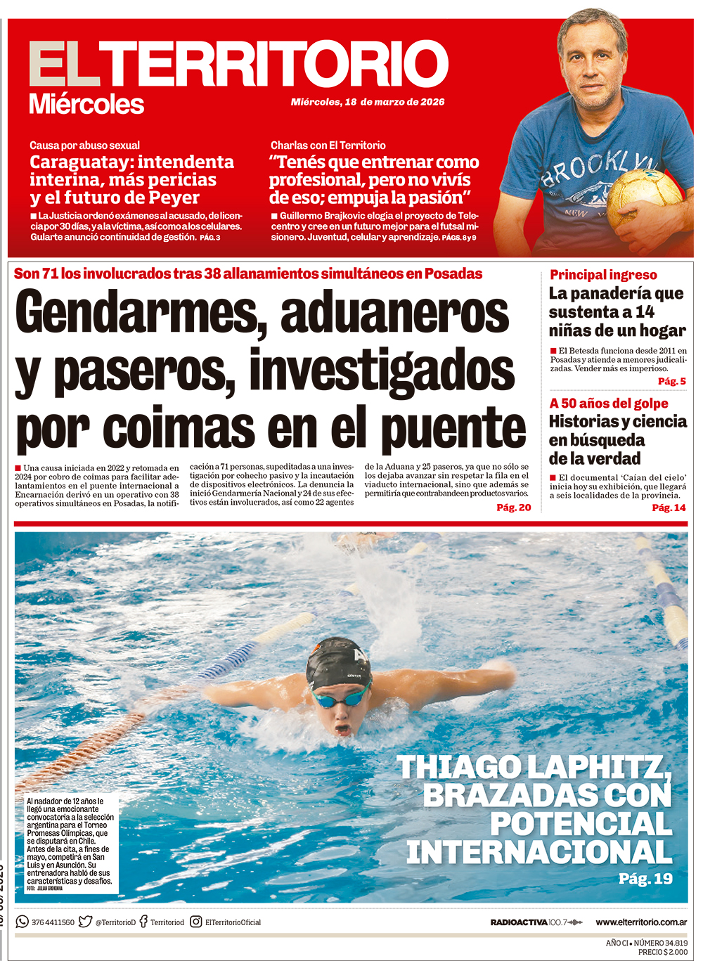 Tapa del diario El Territorio 18/03/2026