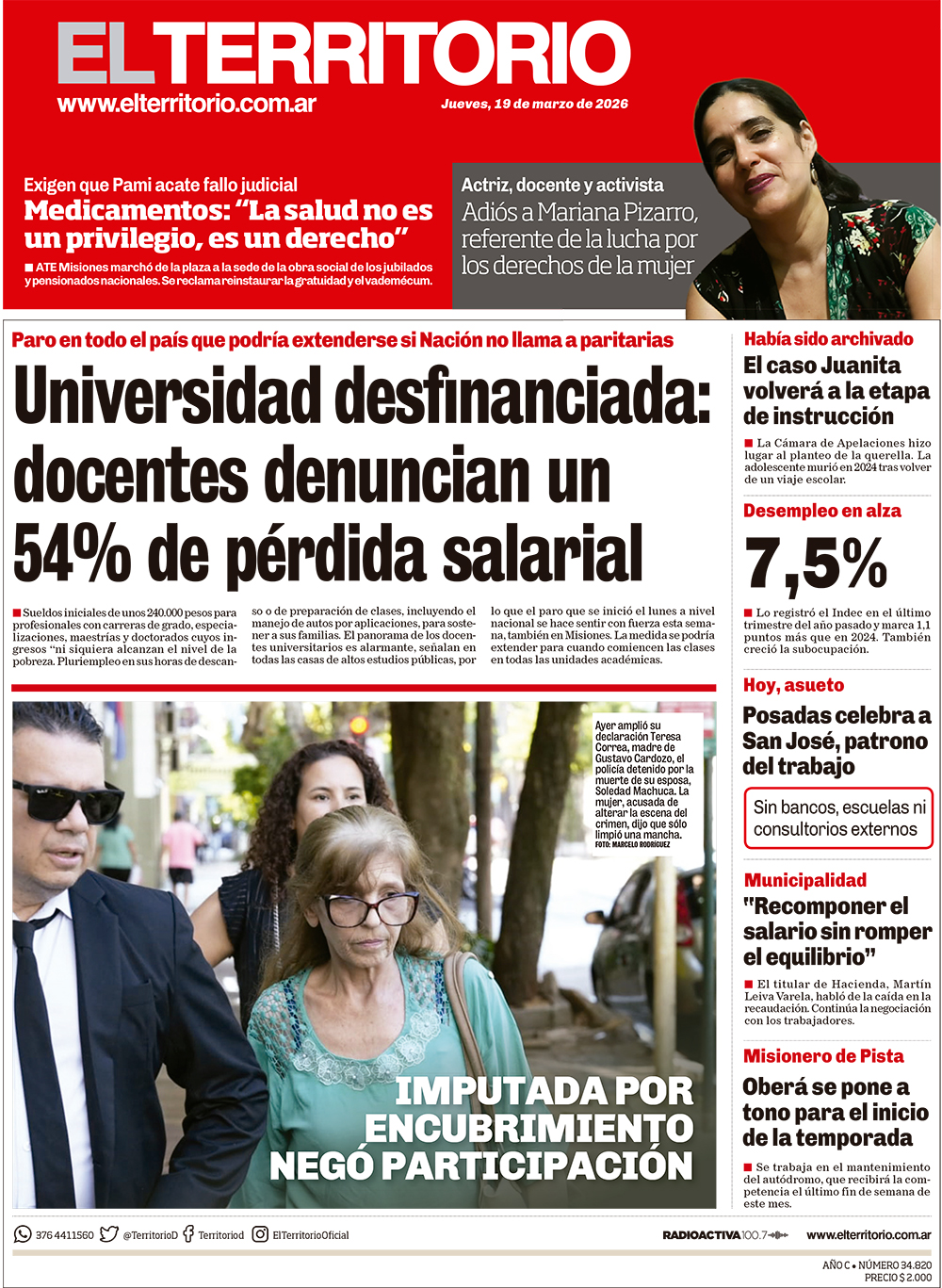 Tapa del diario El Territorio 19/03/2026