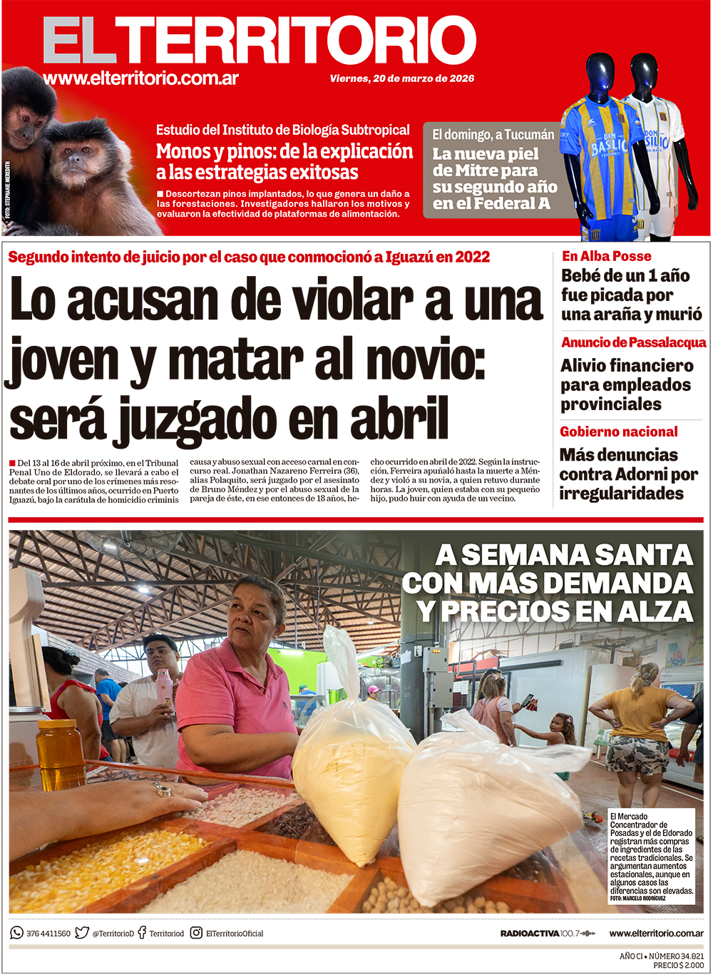 Tapa del diario El Territorio 20/03/2026