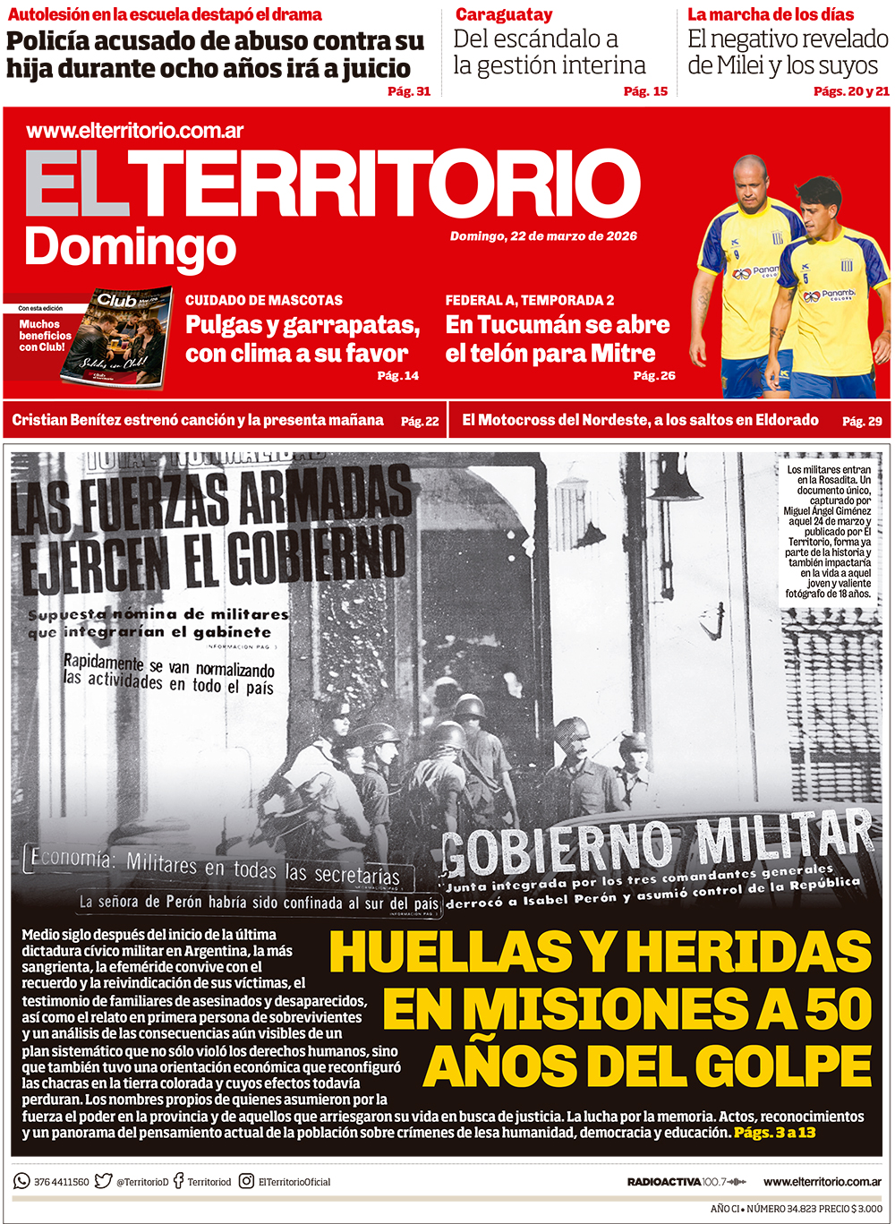 Tapa del diario El Territorio 22/03/2026