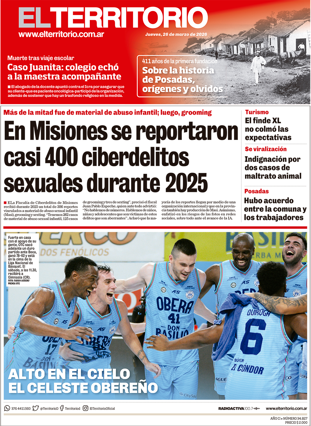 Tapa del diario El Territorio 26/03/2026