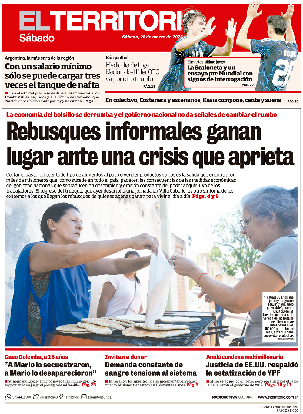 Tapa del diario El Territorio 28/03/2026