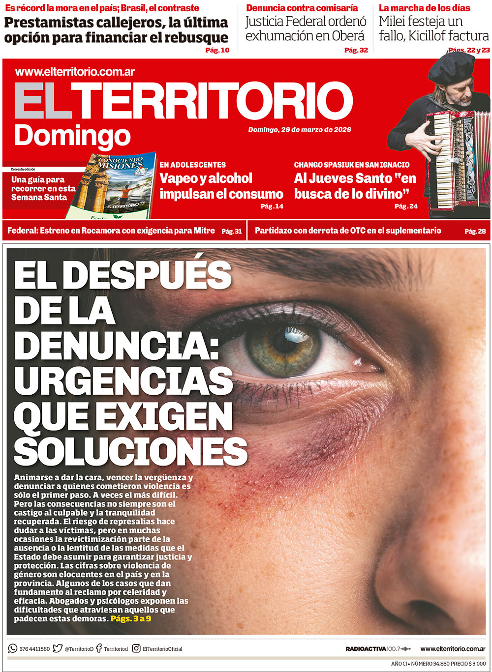 Tapa del diario El Territorio 29/03/2026