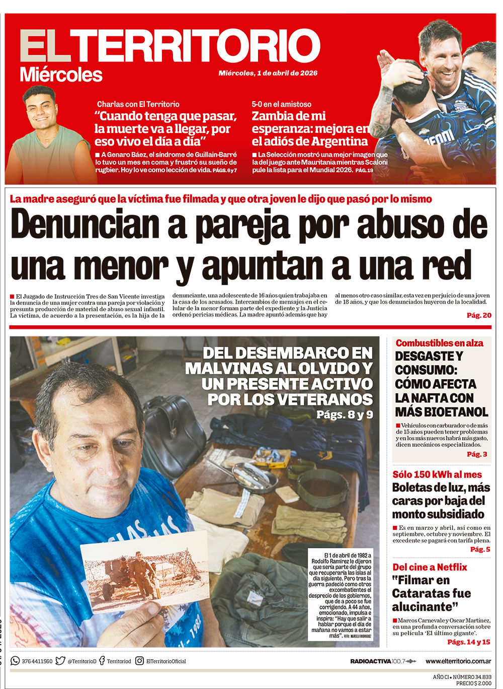 Tapa del diario El Territorio 01/04/2026