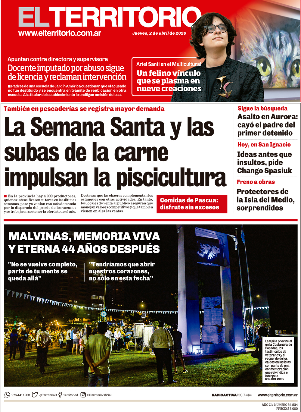 Tapa del diario El Territorio 02/04/2026