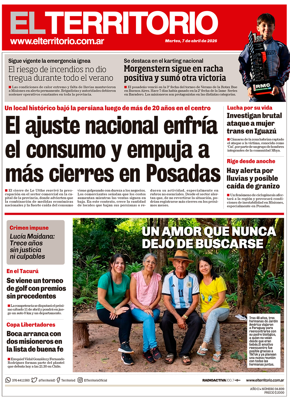 Tapa del diario El Territorio 07/04/2026