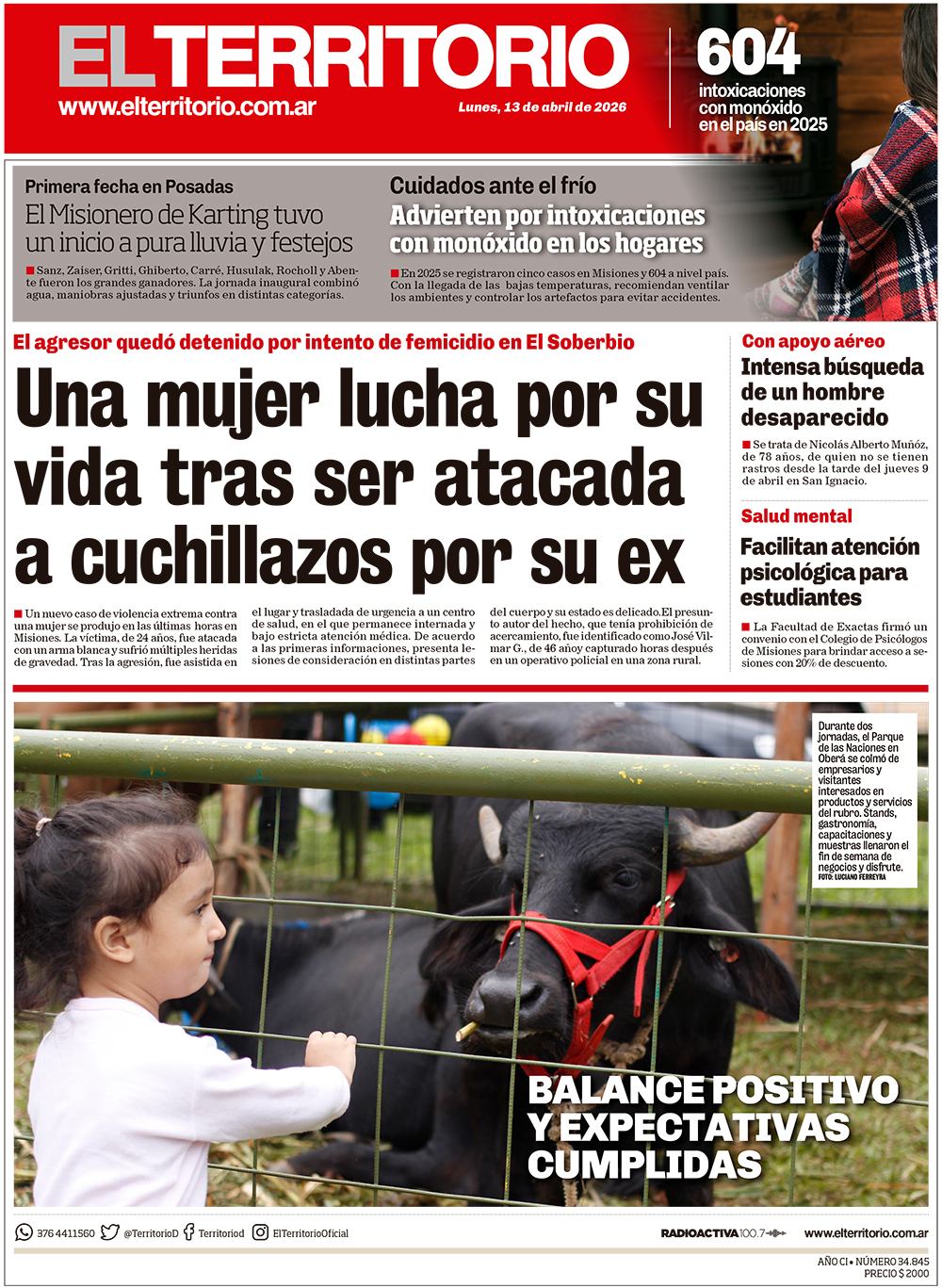 Tapa del diario El Territorio 13/04/2026