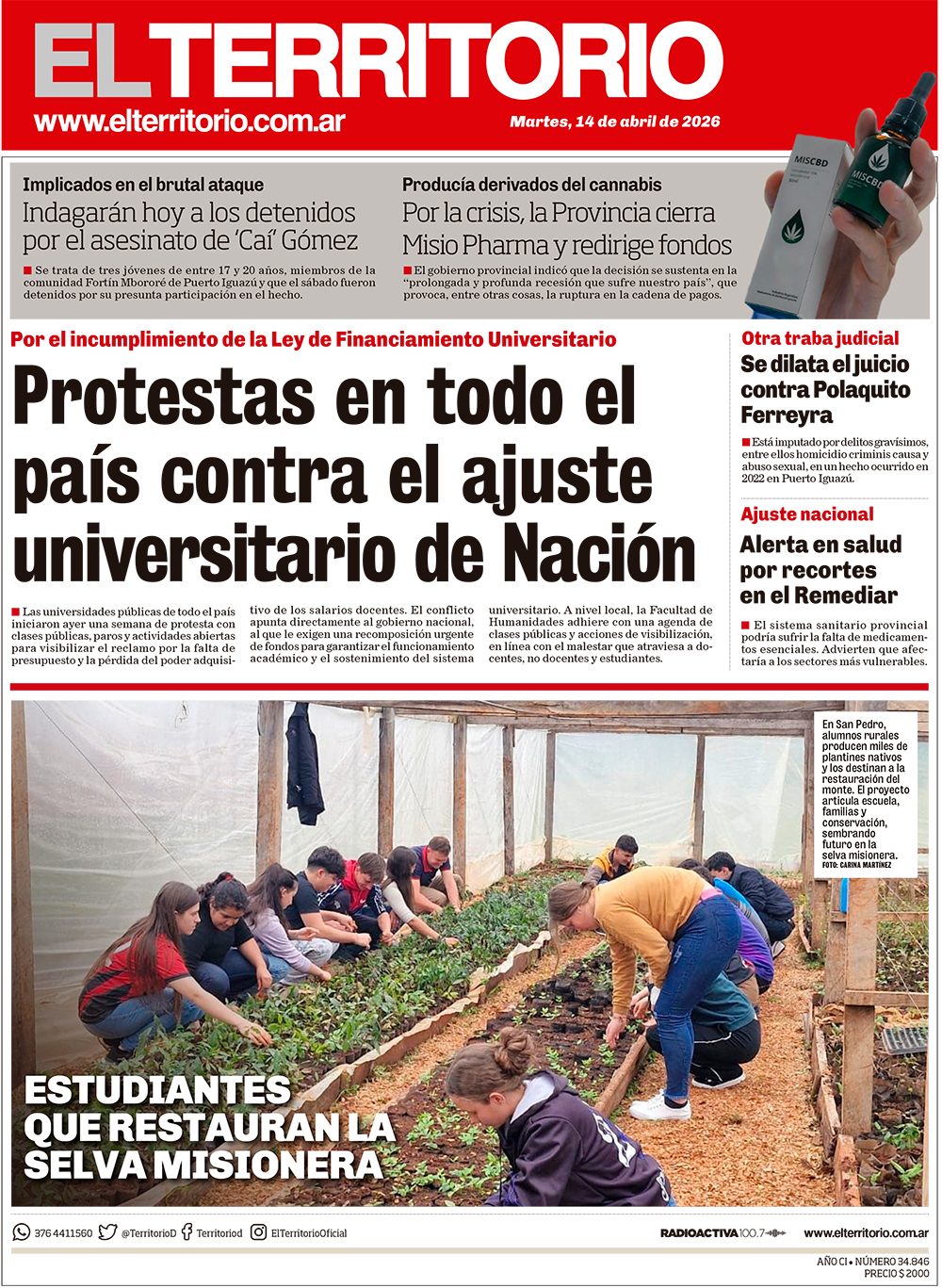 Tapa del diario El Territorio 14/04/2026