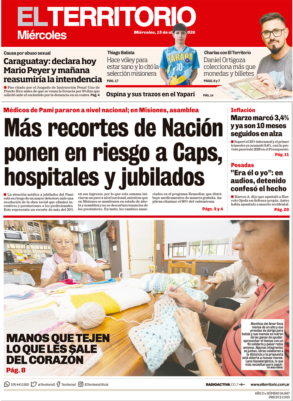 Tapa del diario El Territorio 15/04/2026