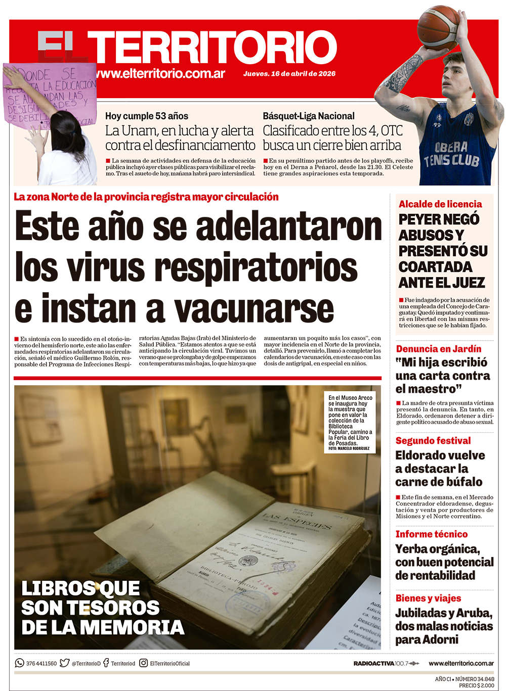 Tapa del diario El Territorio 16/04/2026