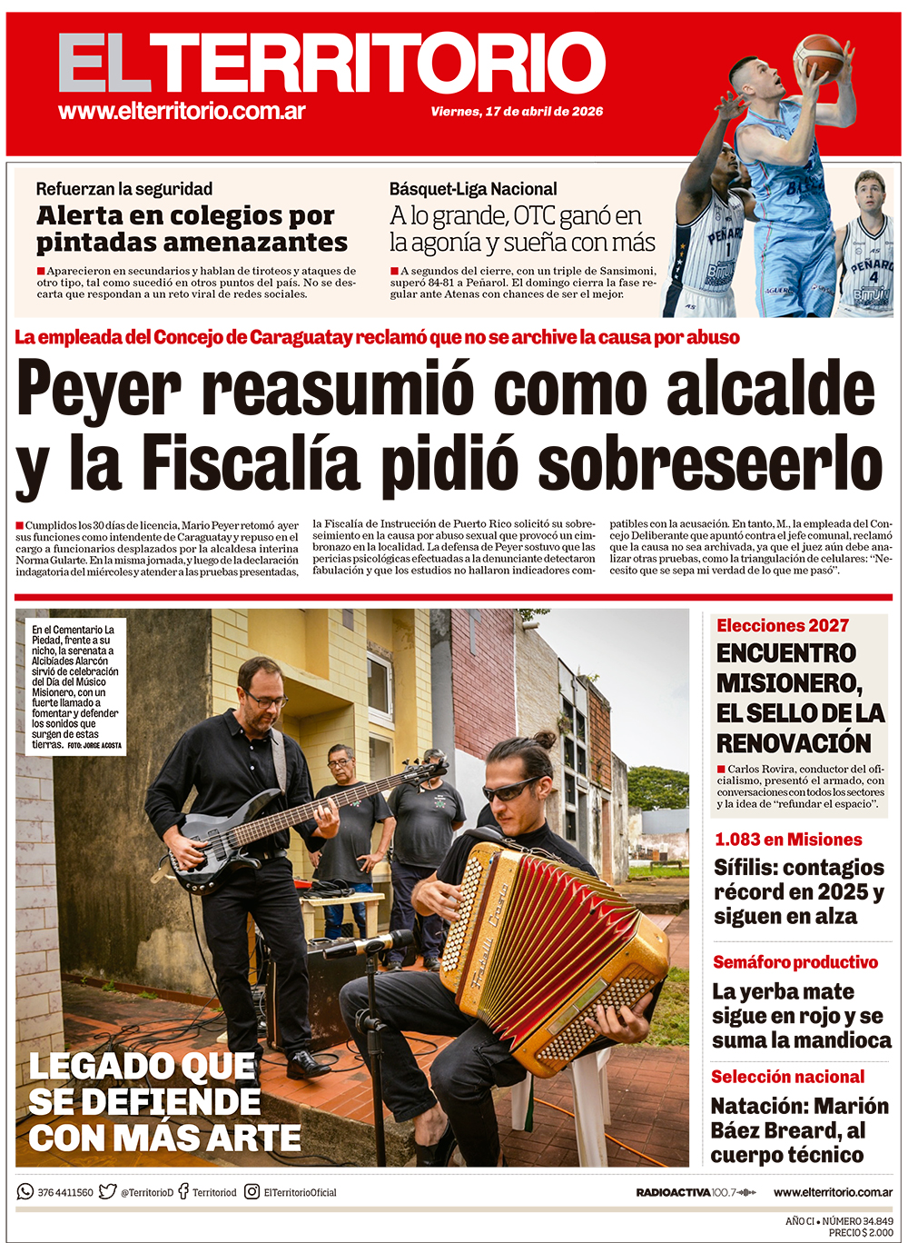 Tapa del diario El Territorio 17/04/2026