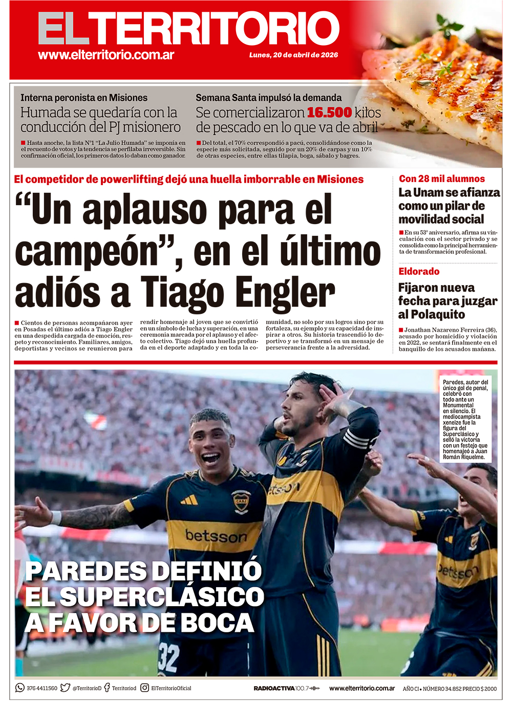 Tapa del diario El Territorio 20/04/2026