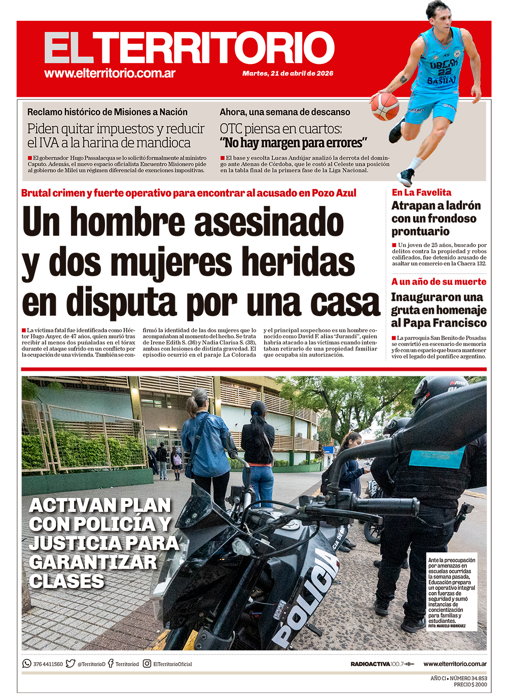 Tapa del diario El Territorio 21/04/2026