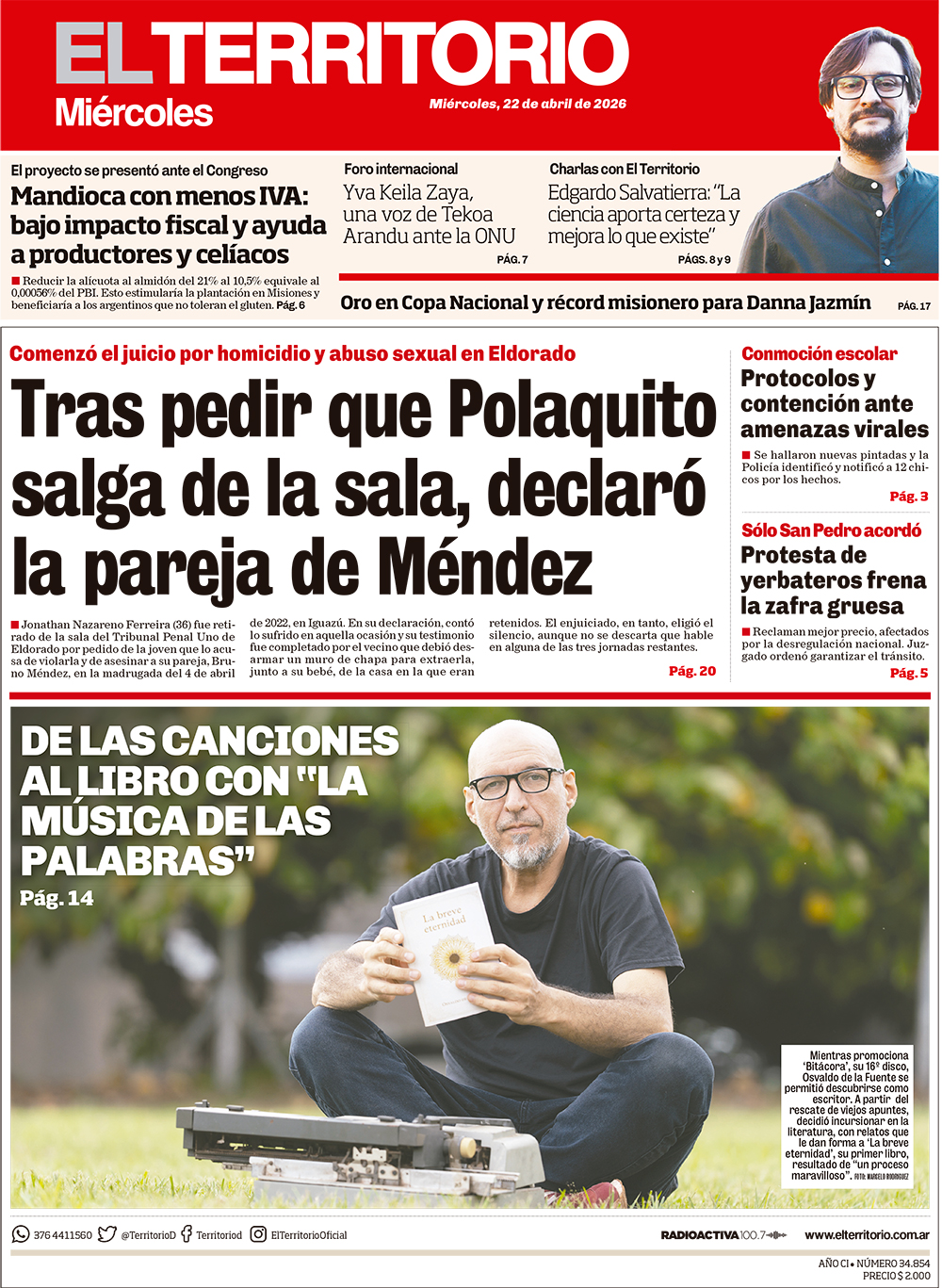 Tapa del diario El Territorio 22/04/2026