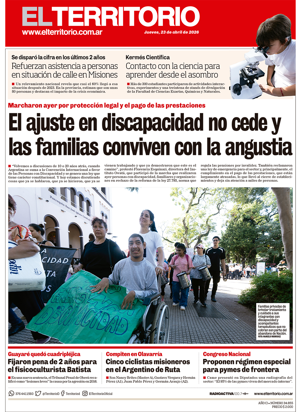 Tapa del diario El Territorio 23/04/2026