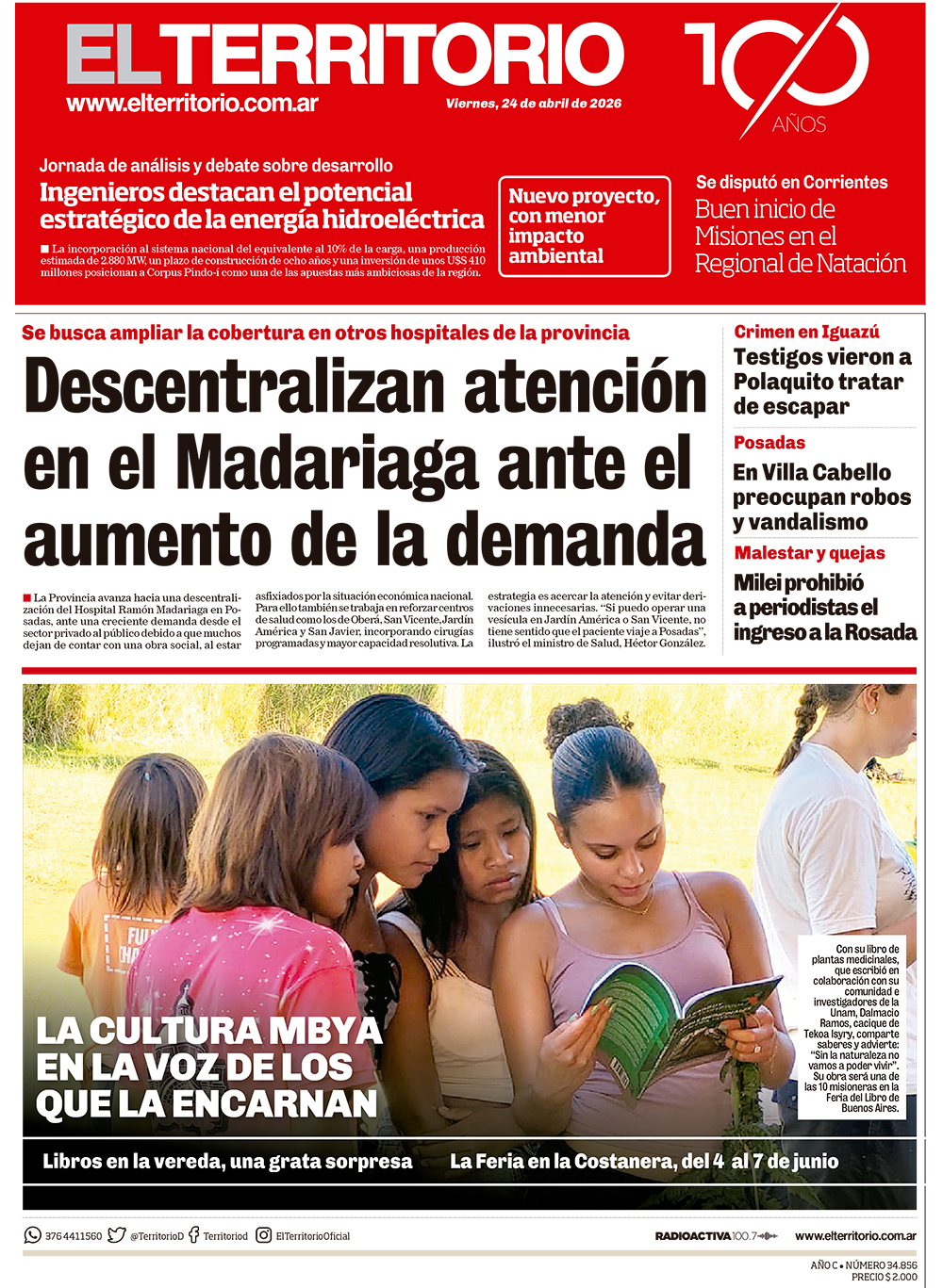 Tapa del diario El Territorio 24/04/2026