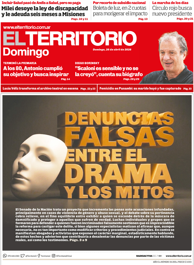 Tapa del diario El Territorio 26/04/2026