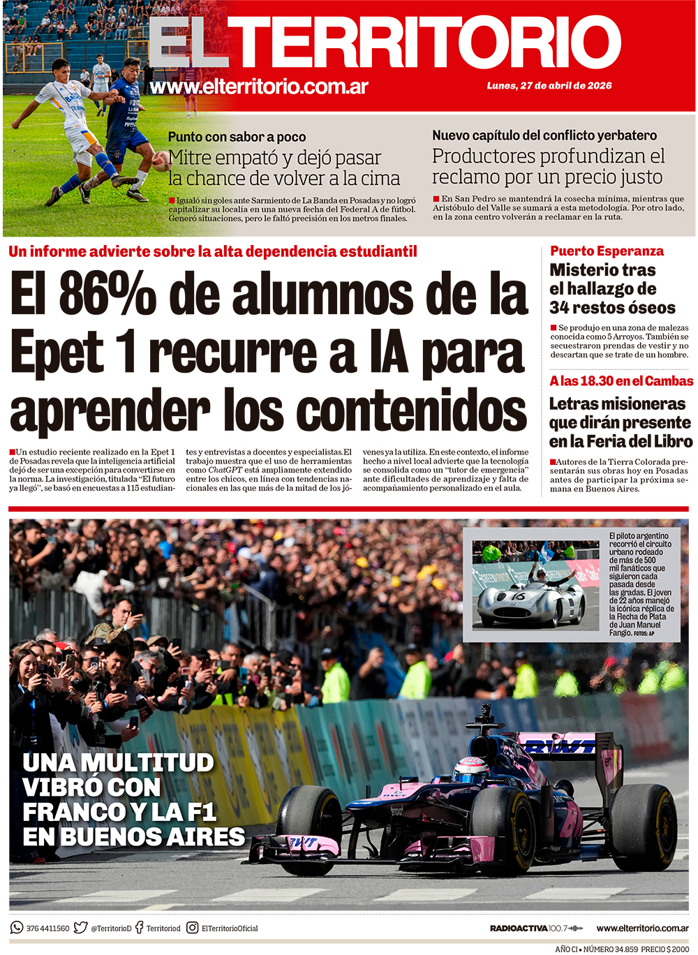 Tapa del diario El Territorio 27/04/2026