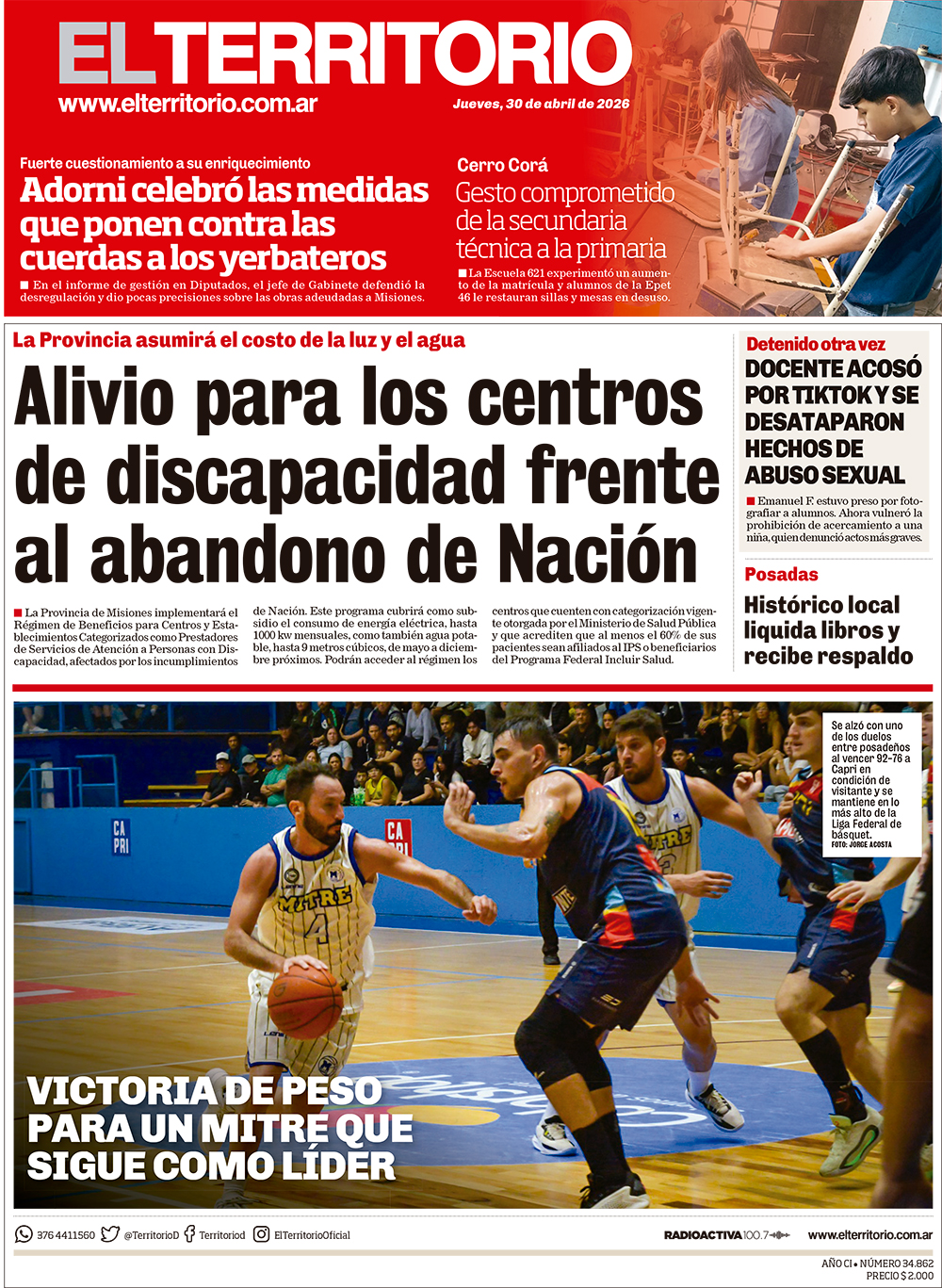 Tapa del diario El Territorio 30/04/2026