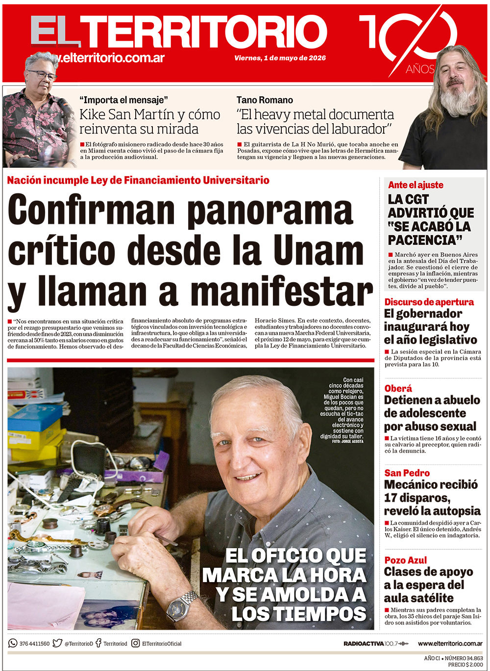 Tapa del diario El Territorio 01/05/2026