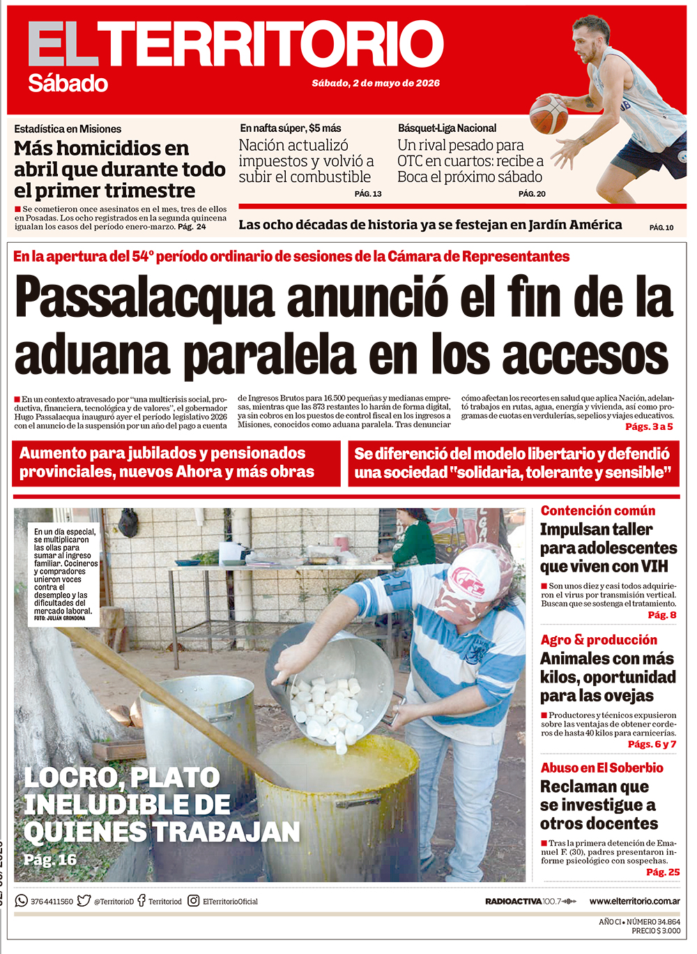 Tapa del diario El Territorio 02/05/2026