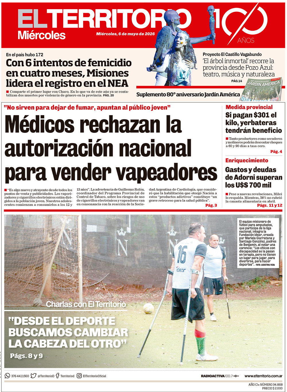 Tapa del diario El Territorio 06/05/2026