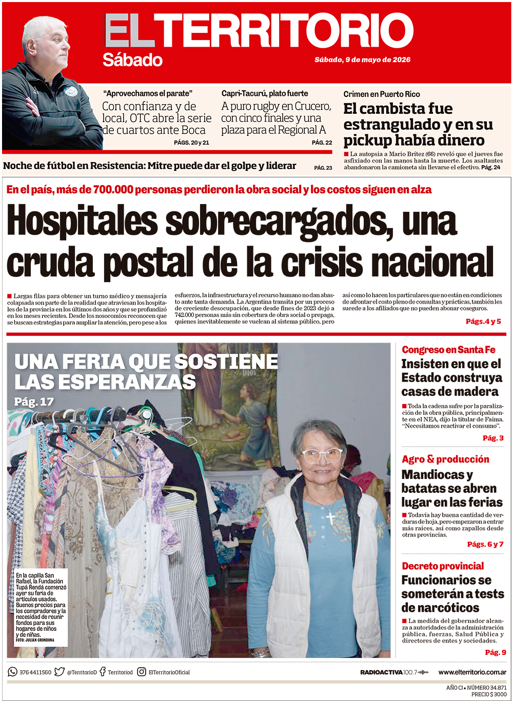 Tapa del diario El Territorio 09/05/2026