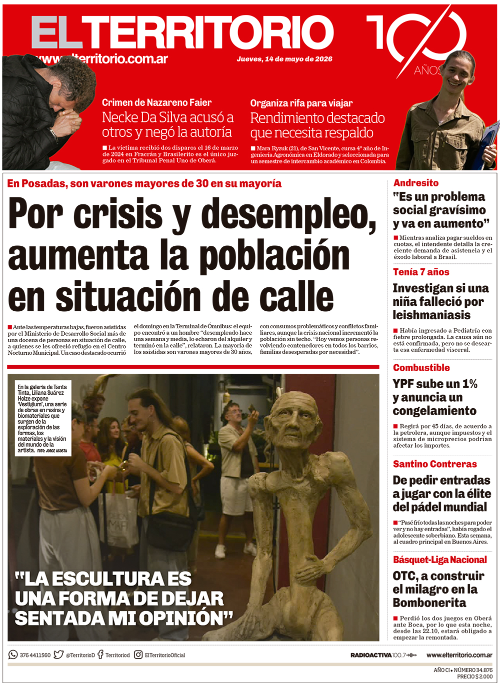 Tapa del diario El Territorio 14/05/2026