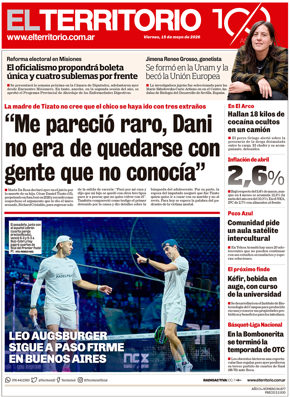 Tapa del diario El Territorio 15/05/2026
