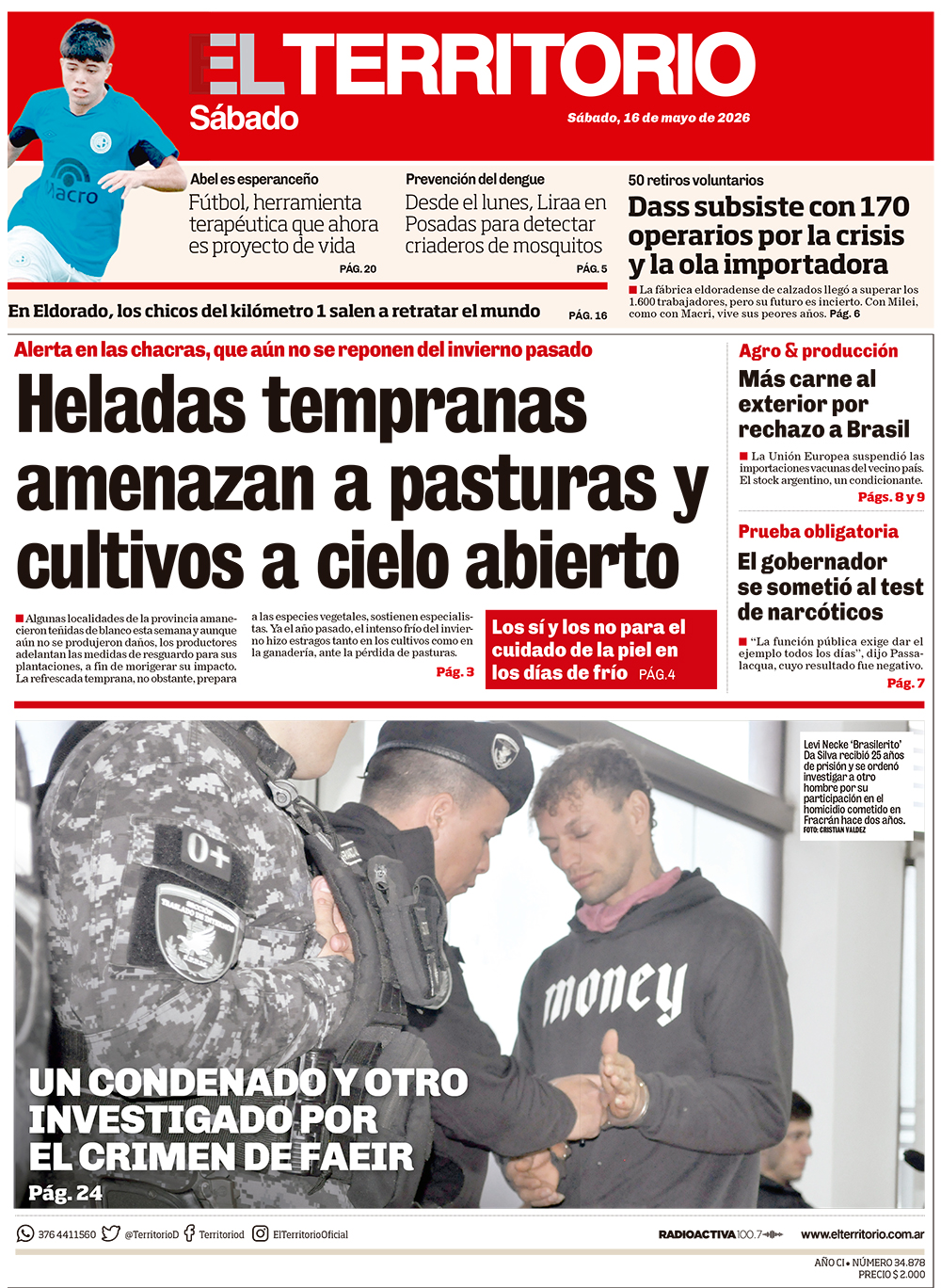 Tapa del diario El Territorio 16/05/2026
