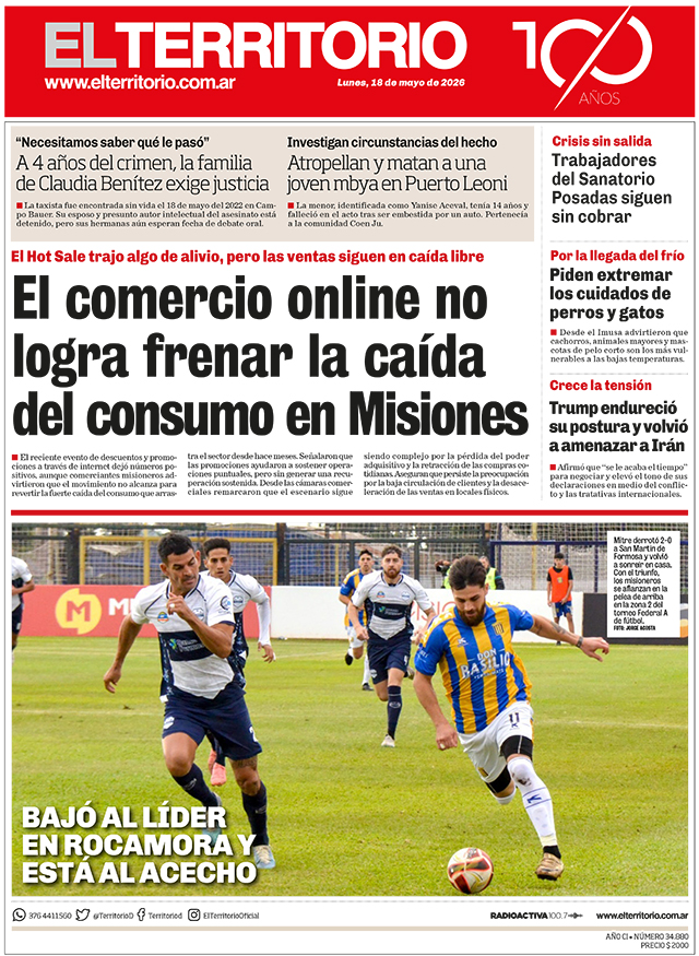 Tapa del diario El Territorio 18/05/2026