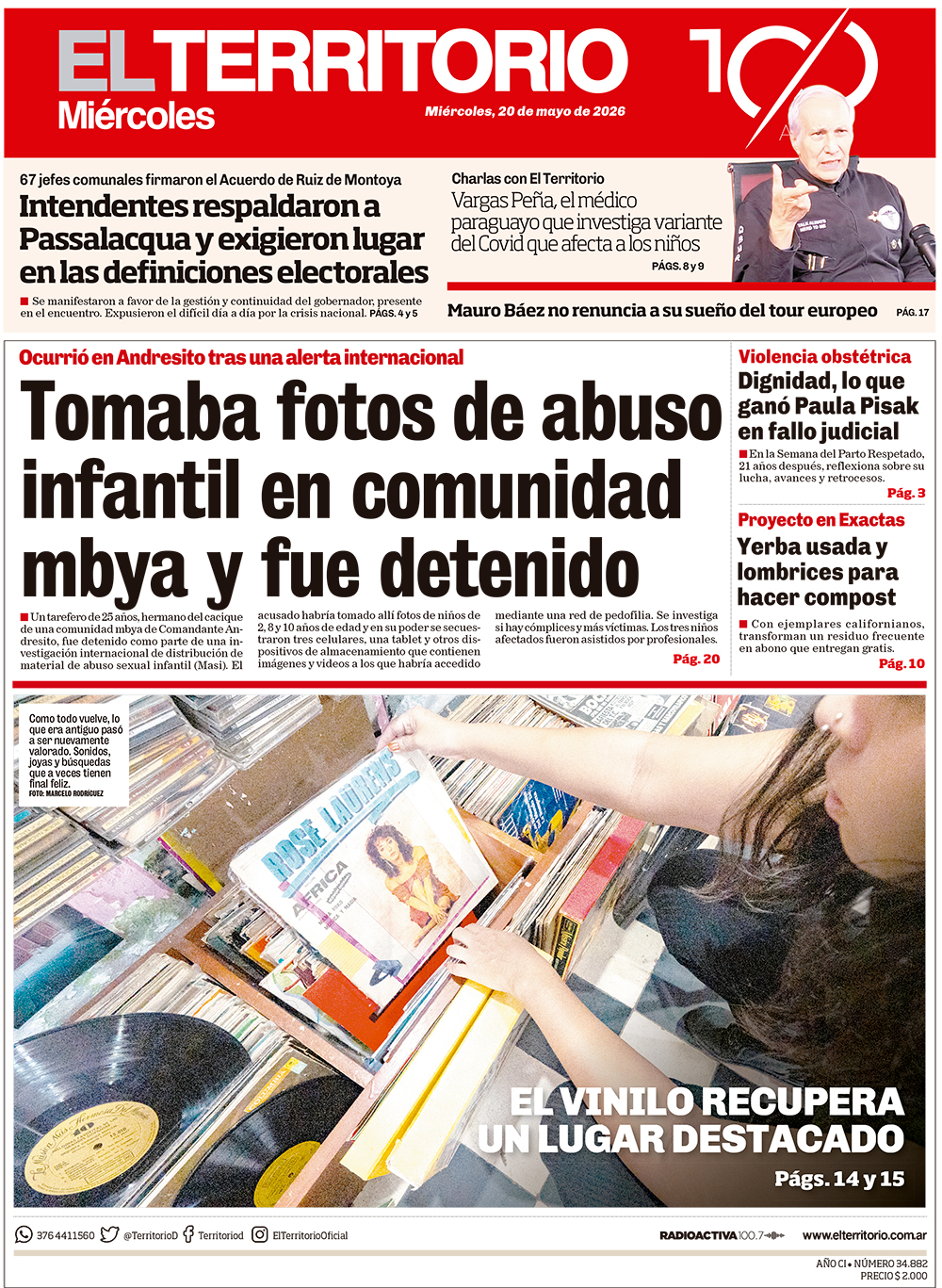 Tapa del diario El Territorio 20/05/2026