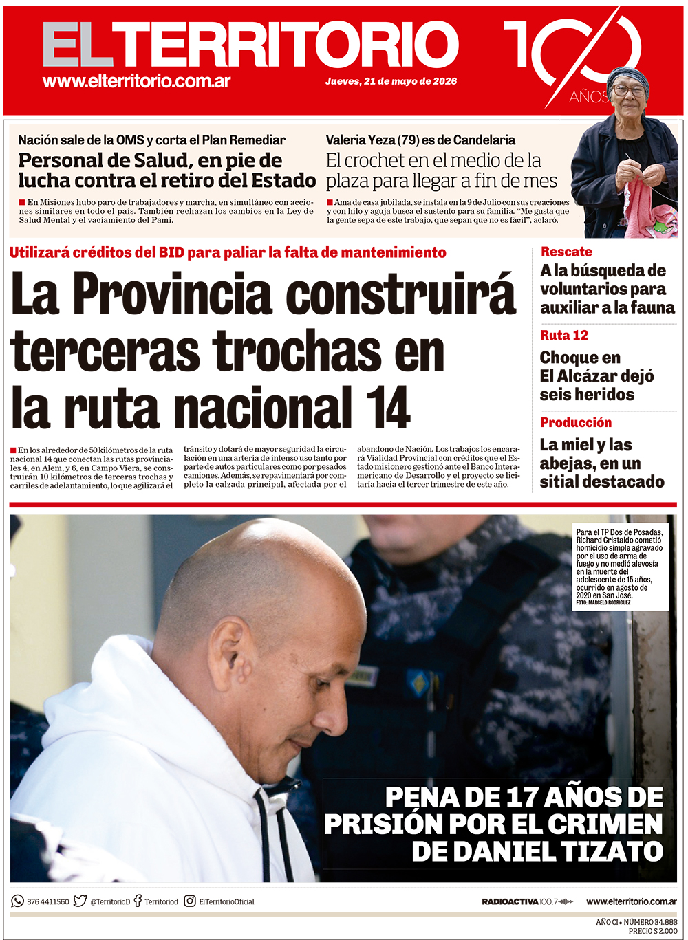 Tapa del diario El Territorio 21/05/2026